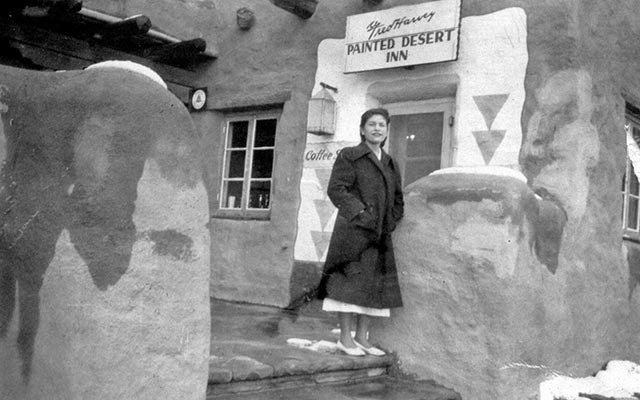 Nora in front of the Painted Desert Inn (PDI) 1950 | NPS Photo