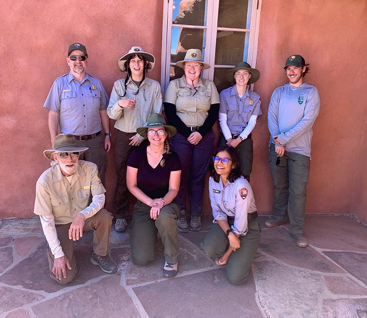 Interns Anna and Brooke, back row, 2nd and 3rd from left respectively. Also in photo: Front row, left to right: Steve Blythe, Archaeology Volunteer; Kate Pearson, Seasonal Archaeology Tech; Priyanka Amin-Patel, Seasonal Archaeology Tech.
Back row, left to right: Jon Hardes, Archaeology Program Manager; Anna; Brooke; Rachel Deal, Term Archaeology Tech; Hunter Crosby, Term Archaeology Tech.